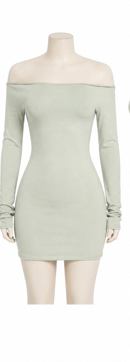 ÉDEN Sage Off-Shoulder Long Sleeve Mini Dress